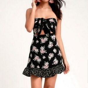 Lulu's Frances Black Floral Print Strapless Tie-Front Mini Dress Size XS